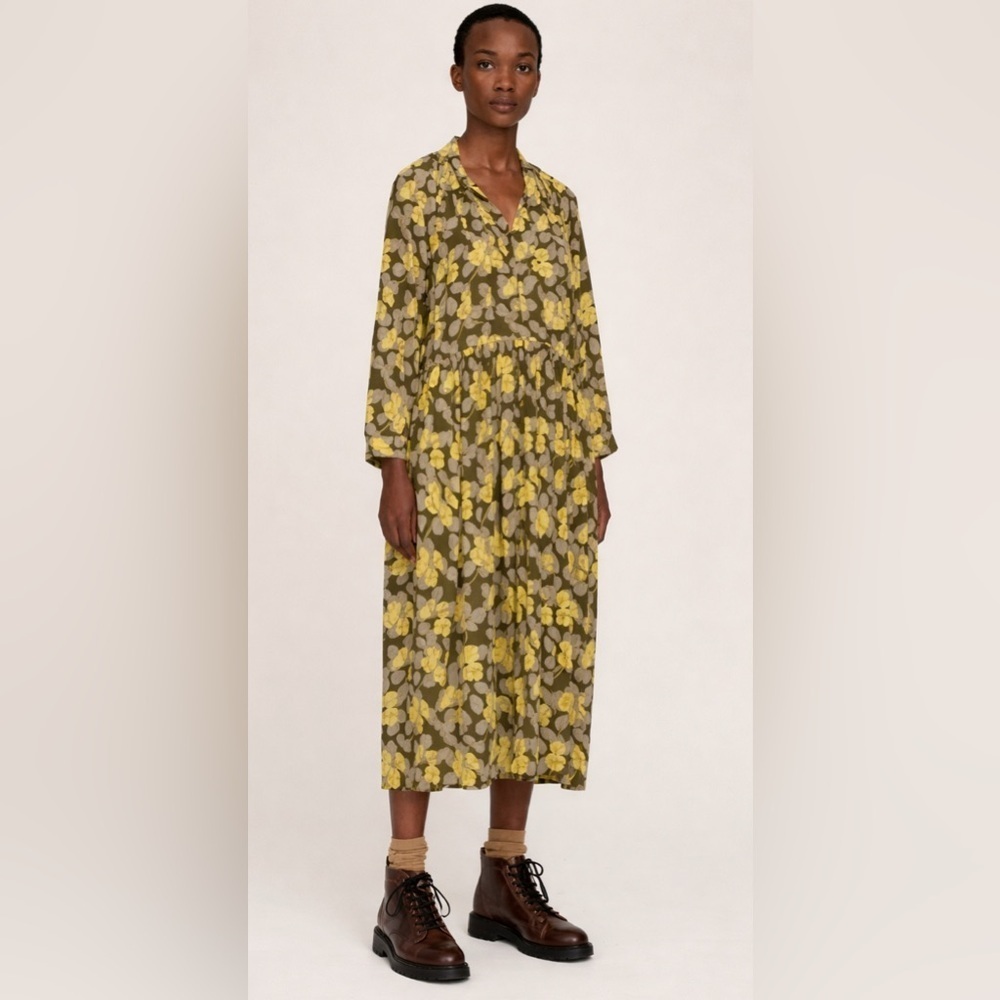 Toast UK Green Yellow Poppies Floral Print Midi Dress Uk 6 US 2 XS Boho Peasant